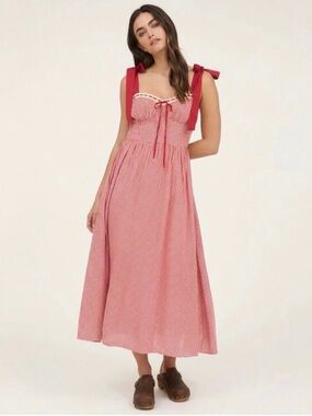 BY THE RIVER sweetheart gingham lace-up dress in red/cream
